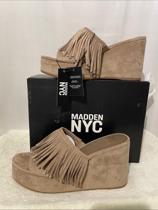 Madden NYC Shoes - Madden NYC Women's Tan Suede BOHO Fringe Wedge Slides
